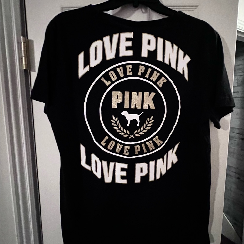 PINK Victorias Secret Black & Gold Graphic Short Sleeve T-Shirt